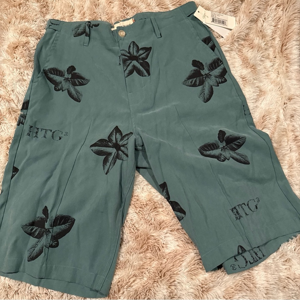 Flat Front Green and Black Shorts with Fleur-de-lis Design